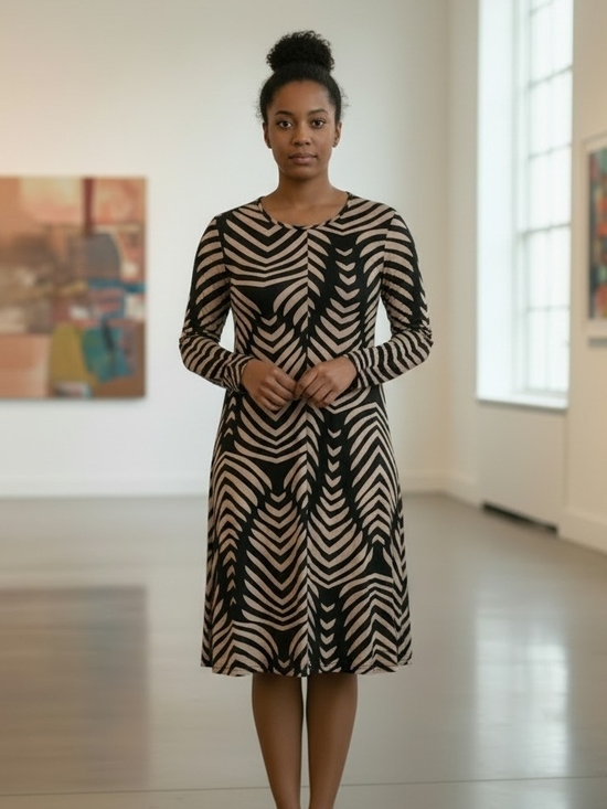 Source Unknown Dresses & Skirts - Black Beige Long‎ Sleeve Patterned A-Line Dress Geometric Print Stretchy Casual